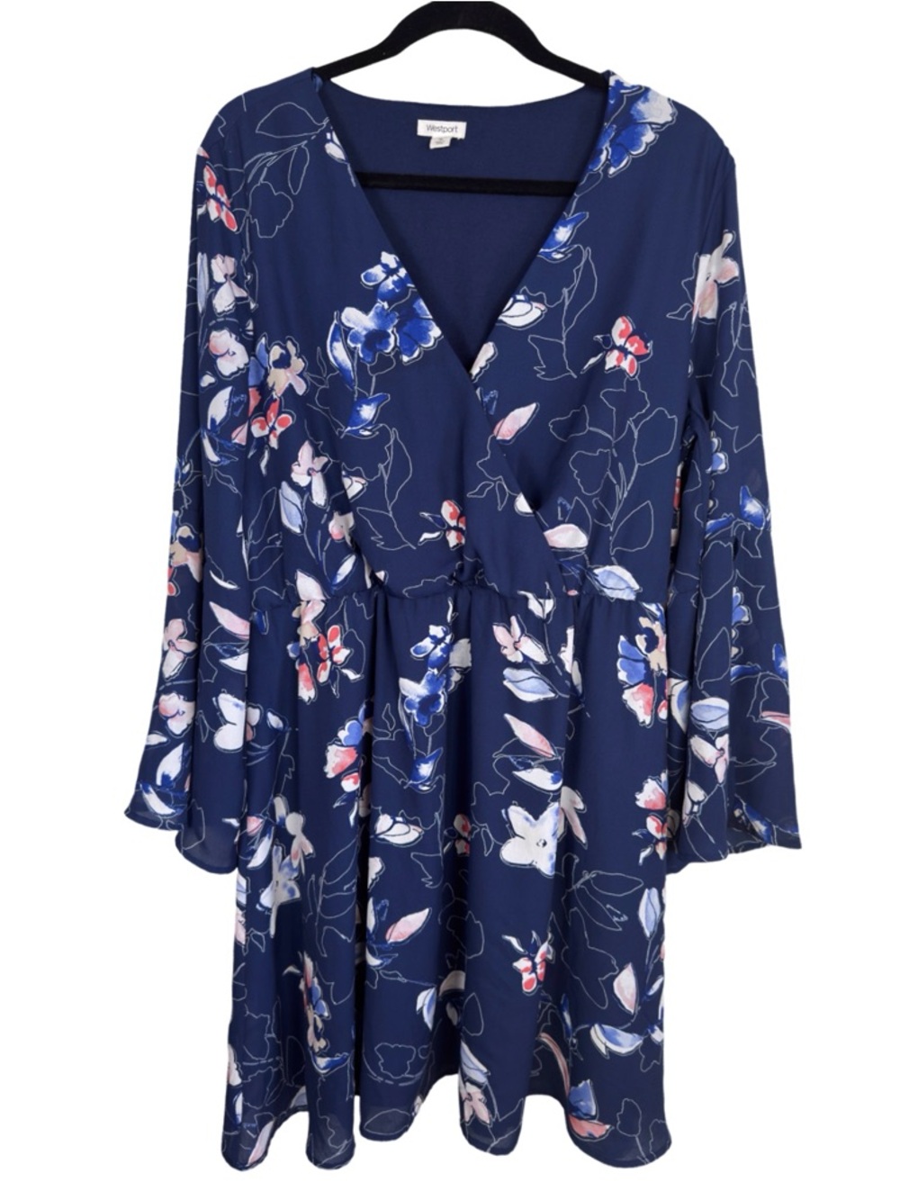 Westport Blue and White Floral Faux Wrap Dress with Bell Sleeves Size 16